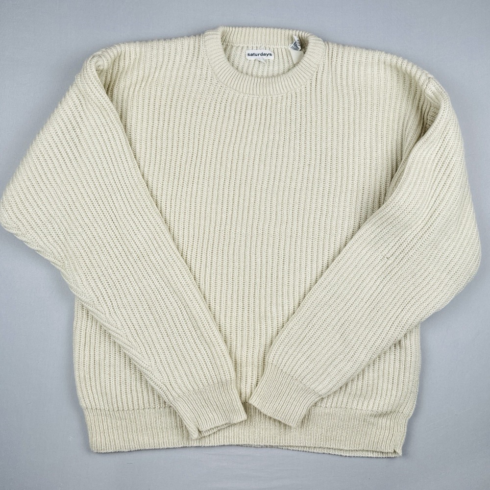 Vintage 80s 90s Saturdays Cream Off White Acrylic Knit Sweater Adult Large